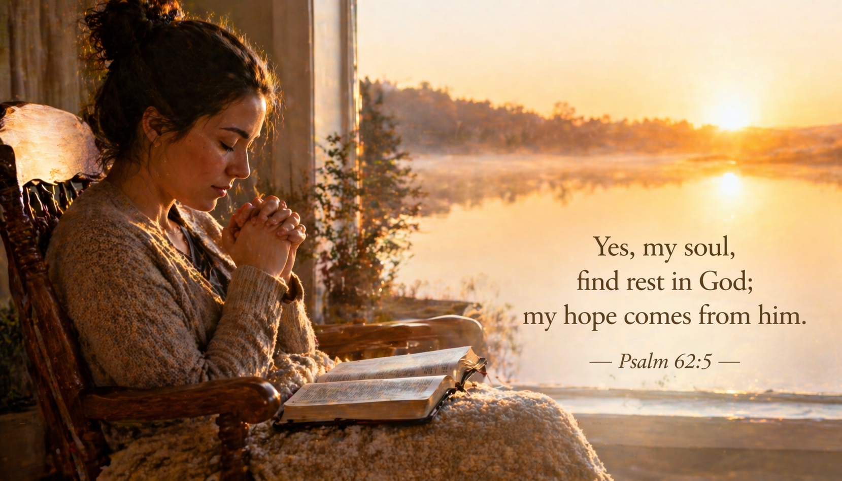 Woman praying peacefully with open Bible beside window at golden sunrise morning light -- Psalm 62:5 devotional rest wallpaper